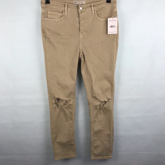 NWT Free People Ripped Knee  Jeans Khaki - Picture 3 of 7